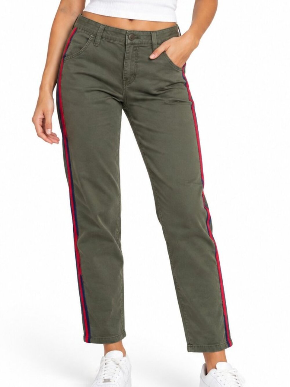 Universal Thread Mid Rise Girlfriend Crop Pants 4 Olive Red Blue Side Stripe